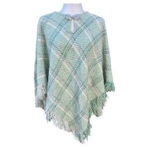 Boyne Valley Weavers Wool Alpaca Poncho O/S Fair Isle Plaid Ireland Boho Green